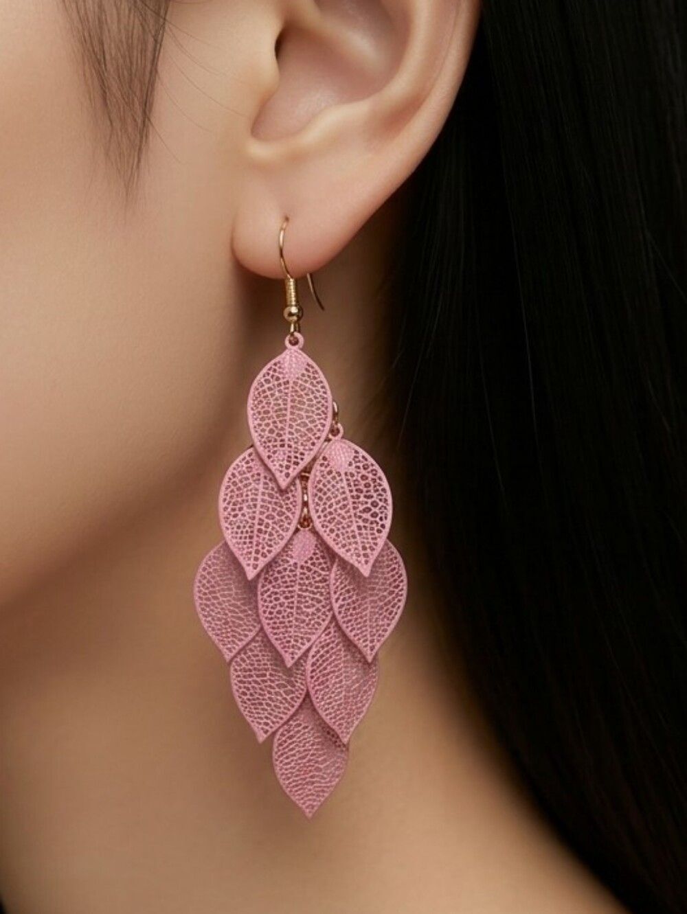 Pink Botanical Leaf Earrings Openwork Statement Dangle Lightweight Boho Resort